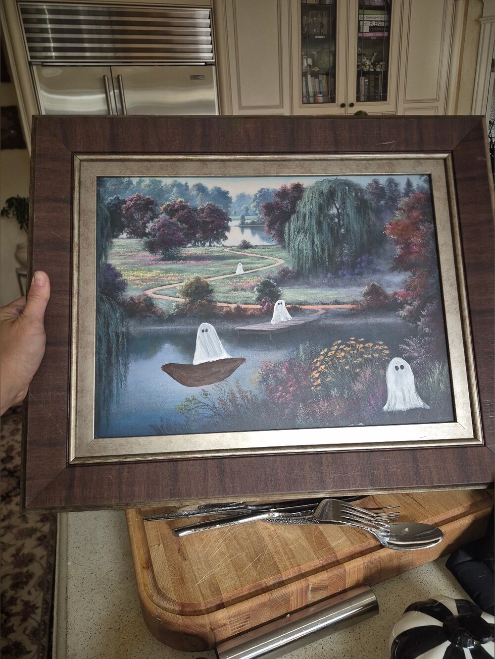 Framed Landscape Art Print with White Ghost Accents -iadded ghosts to a vintage